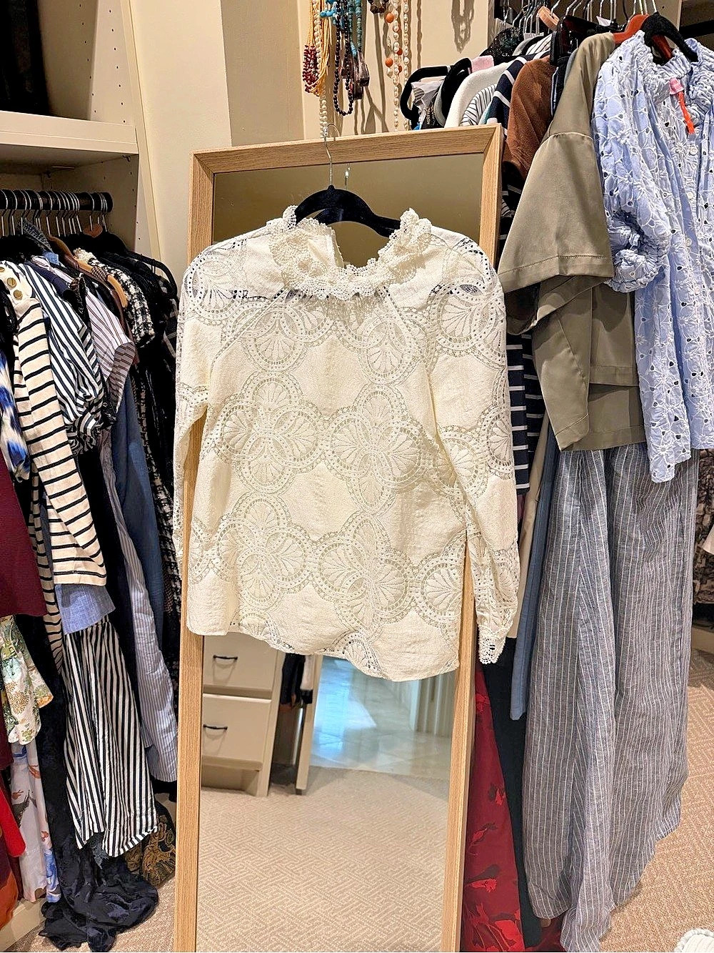 White Lace High Neck Long Sleeve Blouse
